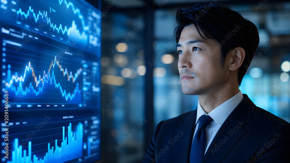 Fototapeta premium Businessman reviewing blue digital market charts and analytics dashboards in a modern office, showing performance data, reporting, and business strategy