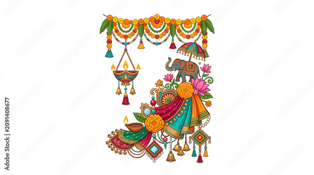 Fototapeta premium Festive Decorative Illustration with Elephant and Floral Ornaments