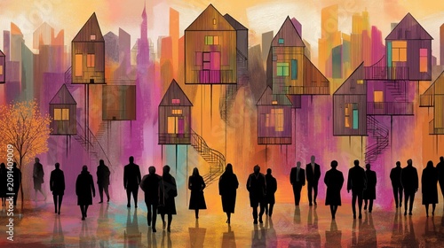 Residential neighborhood community for home housing realestate or insurance artistic colorful background with people silhouettes