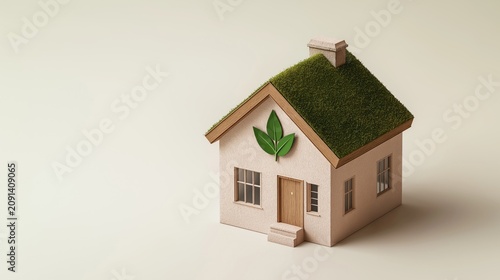 Small house model with a green leaf icon on the front wall and a grass-covered roof, shown on a plain light background with copy space.