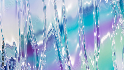 Abstract background of iridescent liquid waves with metallic wrinkles in neon cyan, purple, and silver colors under studio light