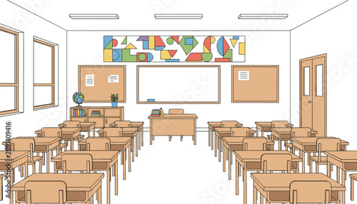 Empty classroom setup with rows of wooden student desks chairs a teacher desk chalkboard and globes in a bright school environment.
