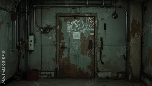 Old Door in a Dimly Lit Room With Peeling Paint and Exposed Pipes