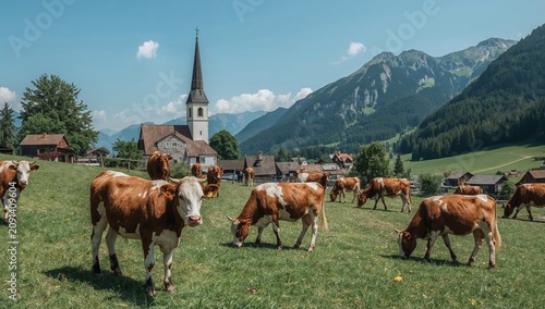 Cows Grazing in a Field Near a Church in a Mountainous Village During a Sunny...