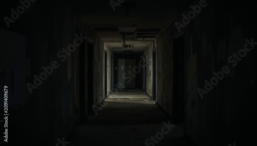 Dark Hallway With Peeling Walls and Light Coming Through Doors in an Abandone...