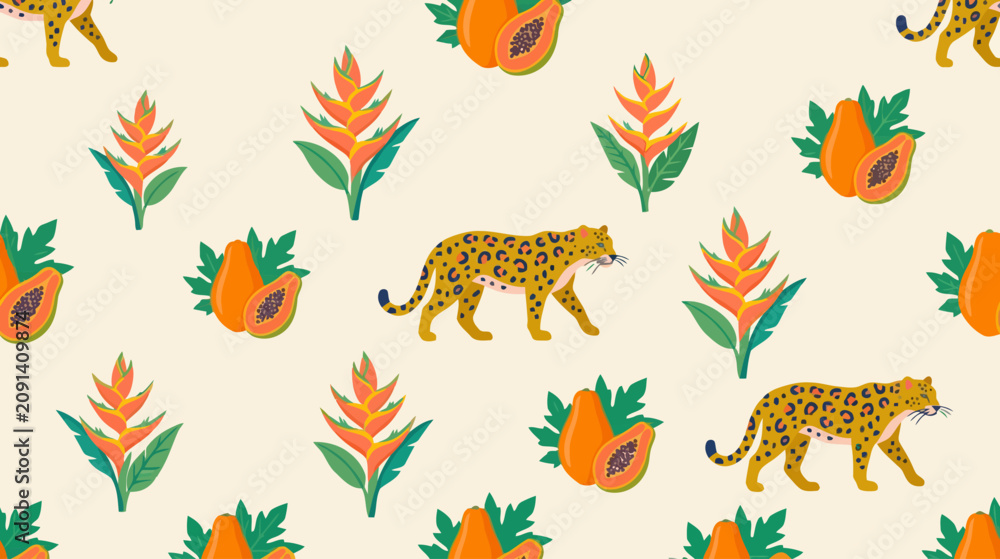 Fototapeta premium Vibrant seamless pattern featuring exotic jaguars, tropical flowers and papayas in lively hues for textile design