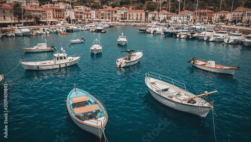 Colorful Boats Float on Calm Water in a Bustling Marina During Sunny Daylight