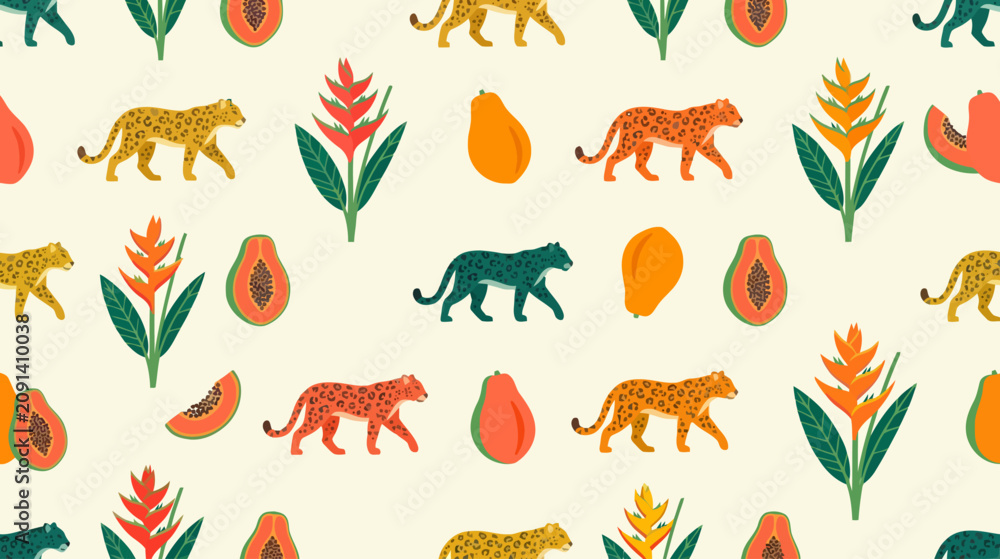 Obraz premium Vibrant seamless pattern featuring exotic wildlife and tropical flora in lively colors ideal for textiles and design projects