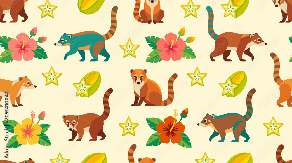 Obraz premium Colorful cartoon-style collection of diverse animals and vibrant tropical flowers with star-shaped elements and green leaves