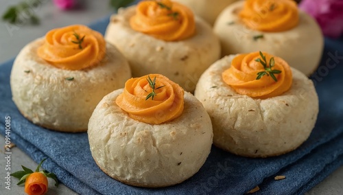Baked Goods With Orange Cream Topping on Blue Cloth With Flowers in Background