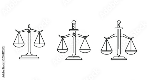 Fotografía Three line art depictions of scales of justice showing balance and legal concept