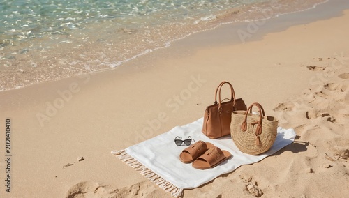 Beach Accessories Placed on a Towel Near the Water on a Sunny Day in a Coasta...