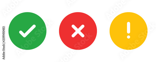 Status icons success-error-warning with green check mark, red cross and yellow exclamation mark in filled circles. Validation symbols for user interface feedback