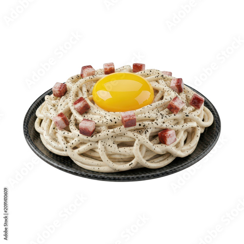 Delicious spaghetti carbonara with egg yolk isolated on transparent background