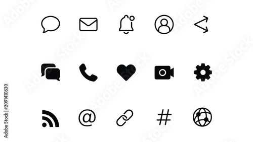 Black social media icons on transparent background for communication and technology concepts