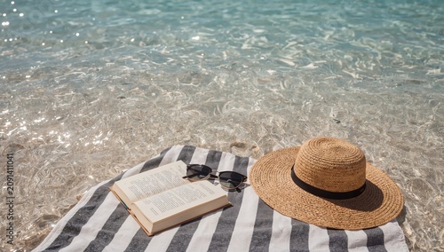 Enjoying a Day at the Beach With a Book, Hat, and Sunglasses by the Clear Water