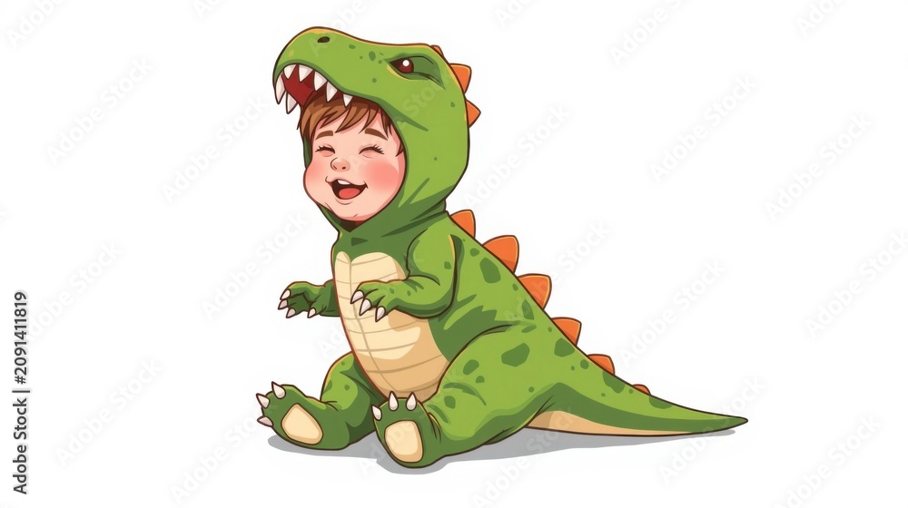 Fototapeta premium Cute smiling toddler boy wearing a green dinosaur costume with sharp teeth and claws cartoon style illustration on white background with background playful expression