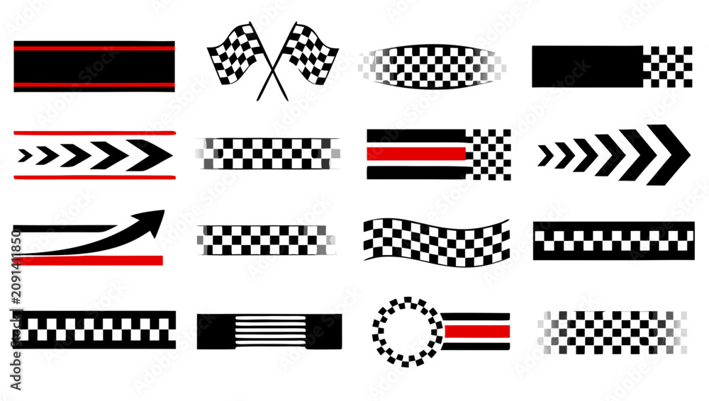 Obraz premium Racing checkered flag graphic elements with speed lines and arrows for motorsport design