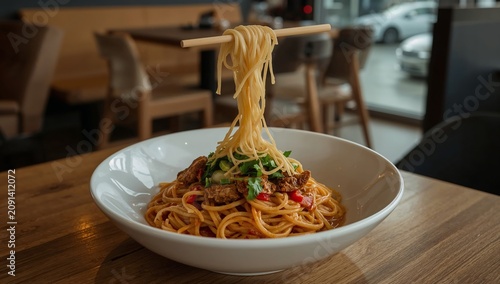 Delicious Noodles With Vegetables Served in a Restaurant During Lunch Time