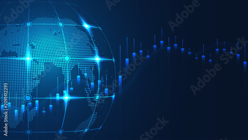 Photos Modern fintech illustration featuring a digital world globe, glowing network connections, and stock market candlestick chart on a dark blue background