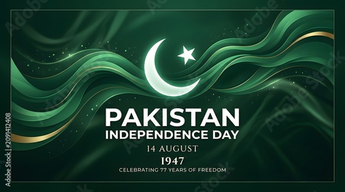 Crescent moon and star with flowing ribbons and text on a dark green background
