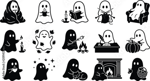Cuadro en lienzo Collection of various ghosts engaging in different activities in black and white