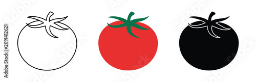 Foto Tomato Variations: A trio of tomatoes showcasing outline, vibrant red, and stark black representations