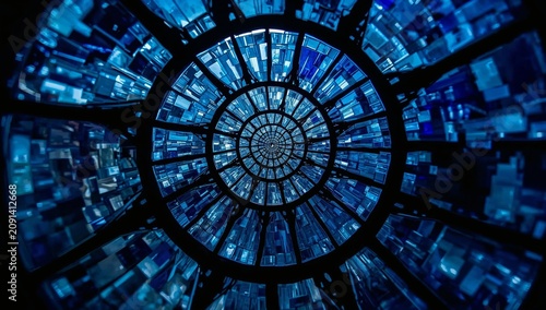 View of Blue Glass Artwork From Below in a Public Space During Daylight