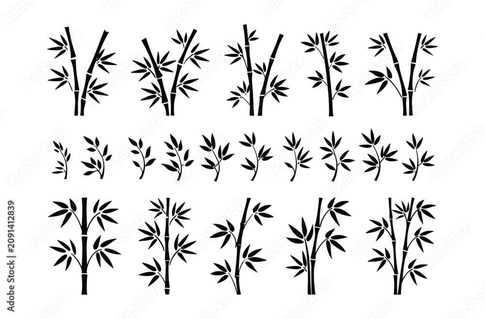 Obraz premium Bamboo Clipart: Collection of black and white bamboo illustrations. graphic design element, botanical icon, natural pattern.