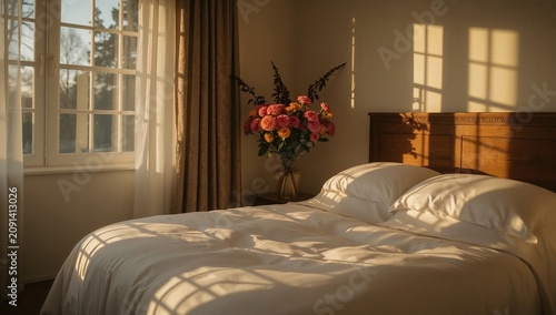 Sunlight Shines Through Windows Onto a Bed in a Room With a Flower Vase