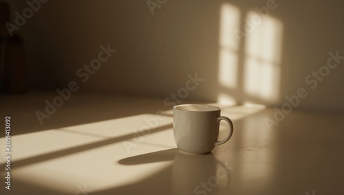 Cup Sits on a Table With Shadows From a Window During the Afternoon