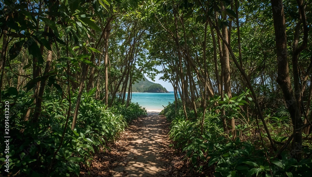 Naklejka premium Path Leads Through Trees to a Beach With Blue Water and a Distant Hill in Clear Weather