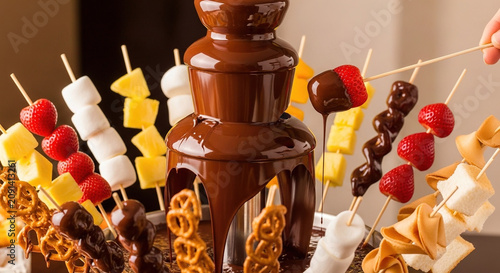 Chocolate fountain with skewered treats on a wooden table