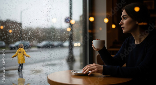 Woman drinking coffee while observing a child playing in the rain