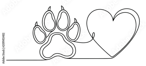 Continuous line drawing of a dog paw and heart