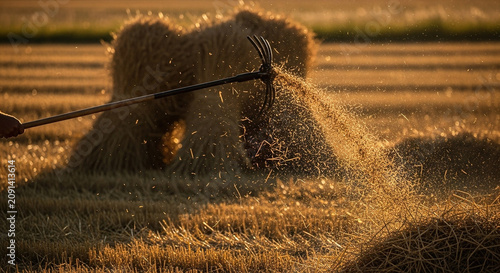 Person scattering hay in a field during golden hour