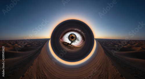 Close-up of eye peering through desert landscape at sunrise