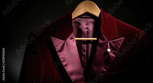 Luxurious Velvet Suit on Hanger Against Dark Background