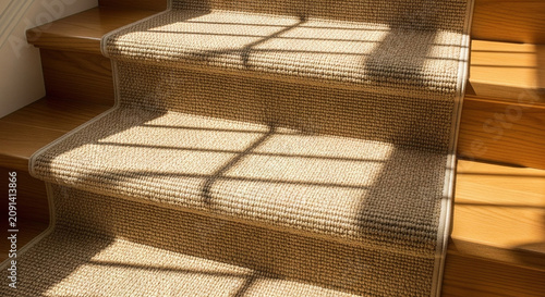 Sunlit Textured Carpet on Wooden Staircase