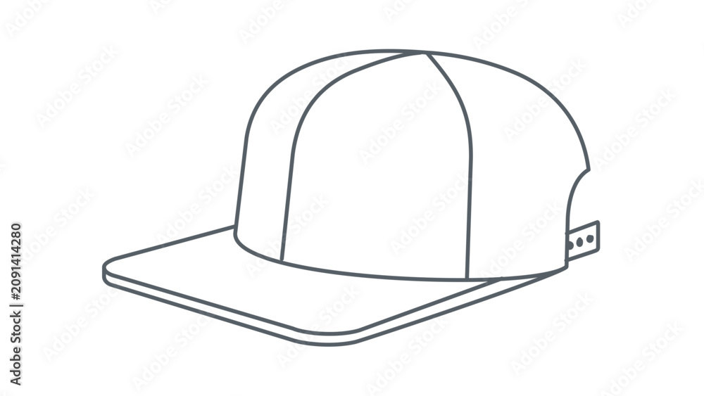 Fototapeta premium Detailed Line Art Illustration of Baseball Cap with Stitching, Side View Vector Icon Showing Cap Structure, Crown Panels and Adjustable Strap, Summer Fashion Accessory for Graphic Design Projects