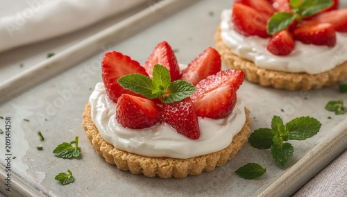Delicious Strawberry Tarts on a Gray Baking Tray With Mint Leaves