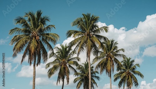 Palm Trees Stand in the Sun Under a Blue Sky With Clouds in a Tropical Location