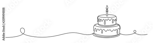 Simple line drawing of a two tiered birthday cake with a lit candle
