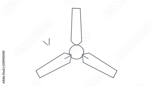 Light gray ceiling fan vector icon, minimalist line illustration with central hub and long blades in clean isolated style for summer cooling, home ventilation, airflow comfort and warm weather design