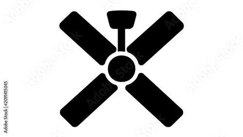 Bold black ceiling fan vector icon, minimalist summer cooling illustration with four broad blades, central motor hub and clean isolated style for home comfort, airflow, ventilation and seasonal design