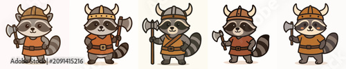 Photography A set of vector raccoons dressed as Vikings and holding weapons.