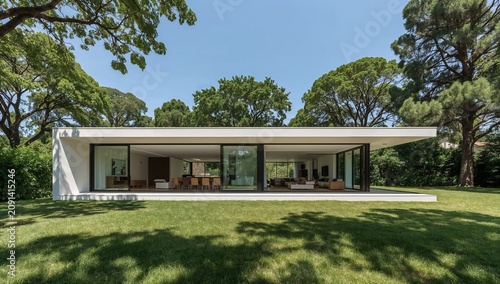 Modern House With Open Design Next to Pool and Garden on Sunny Day