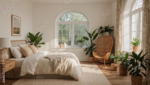 Natural Light Fills a Cozy Bedroom With Plants and Soft Decor During the Day