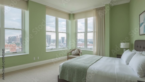 Modern Bedroom With Windows Showing City View in a High-Rise Building