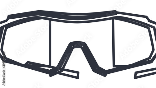 Angular sport sunglasses vector icon illustration with bold dark outline, cropped visor style lenses and bridge on white background, modern summer eyewear accessory for active travel and beach themes